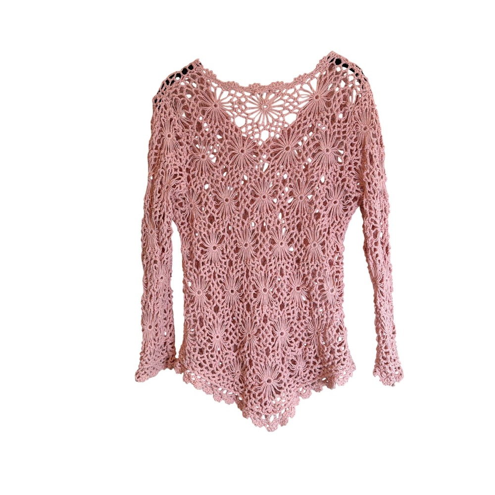 Sundance Pink Crochet Knit Sweater Top Floral‎ Medallion V-Neck Cotton Boho M - Picture 3 of 3